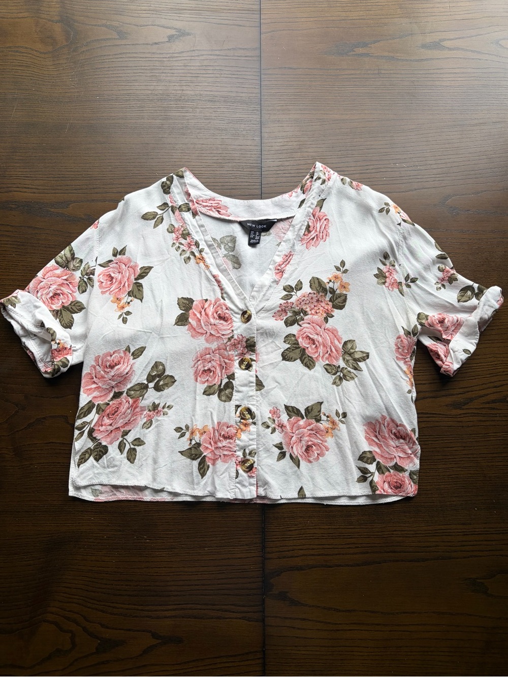 Women's White Floral Print Button-Up Short Sleeve Blouse